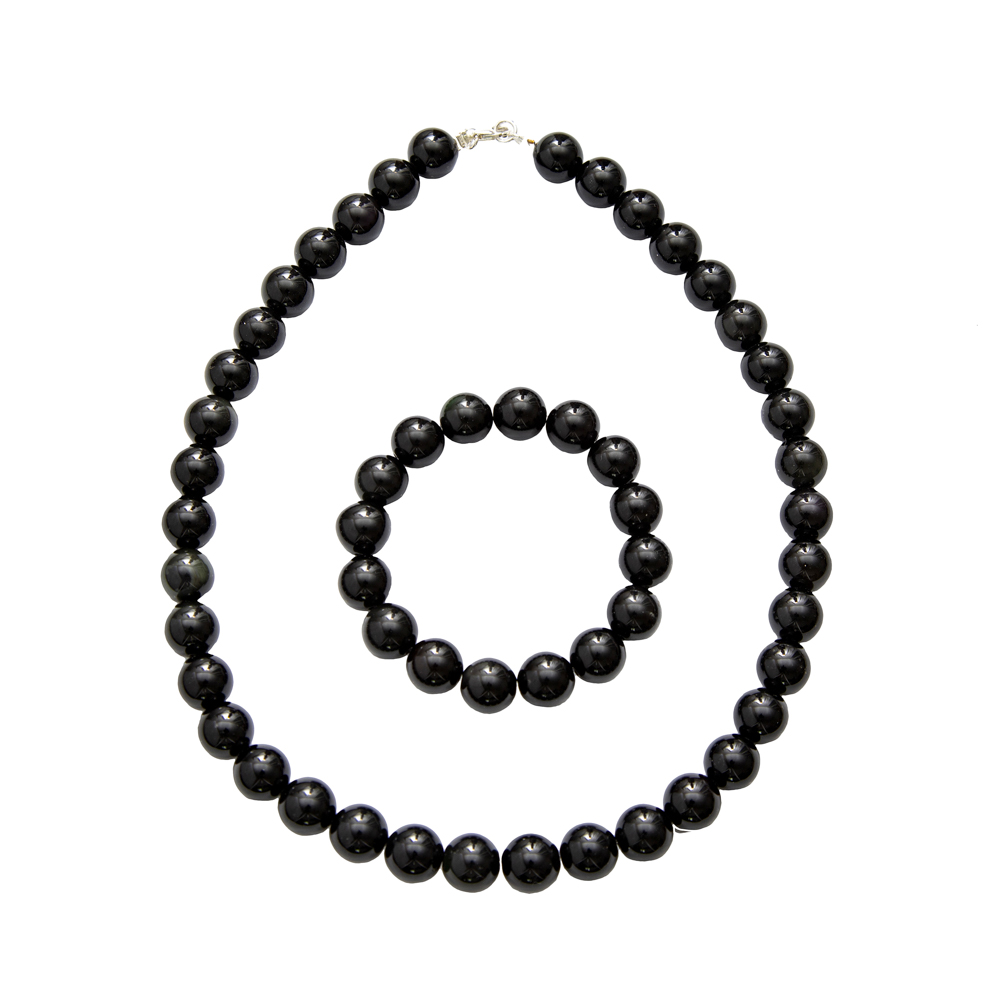 parure obsidienne noire pierres boules 12mm