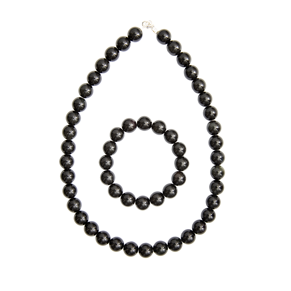 parure obsidienne noire pierres boules 12mm