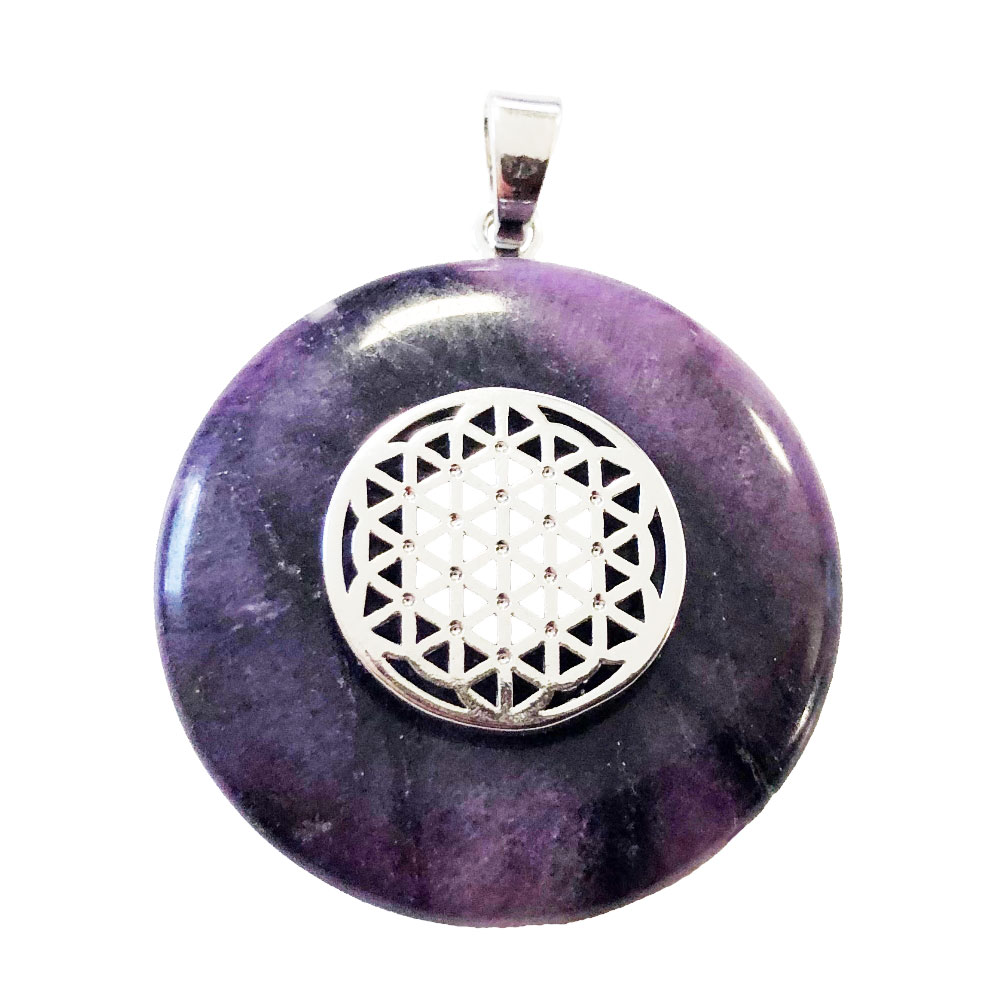 pendentif fluorite pi chinois donut 30mm fleur de vie