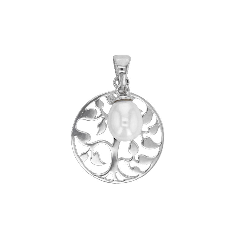 Pendentif Perle d'Eau Douce - Rond arbre de vie ajouré Argent 925 rhodié