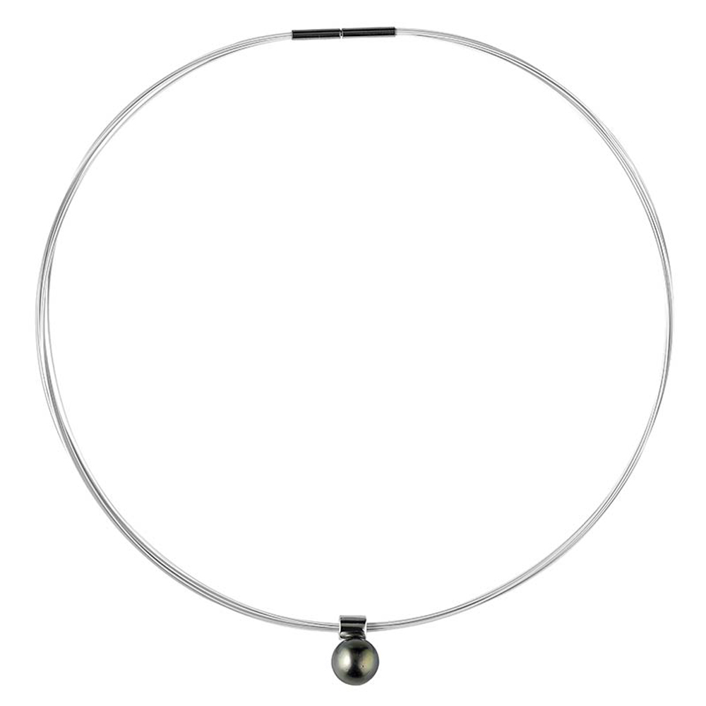 Collier acier blanc avec perle de Tahiti ronde - Fermoir baïonnette