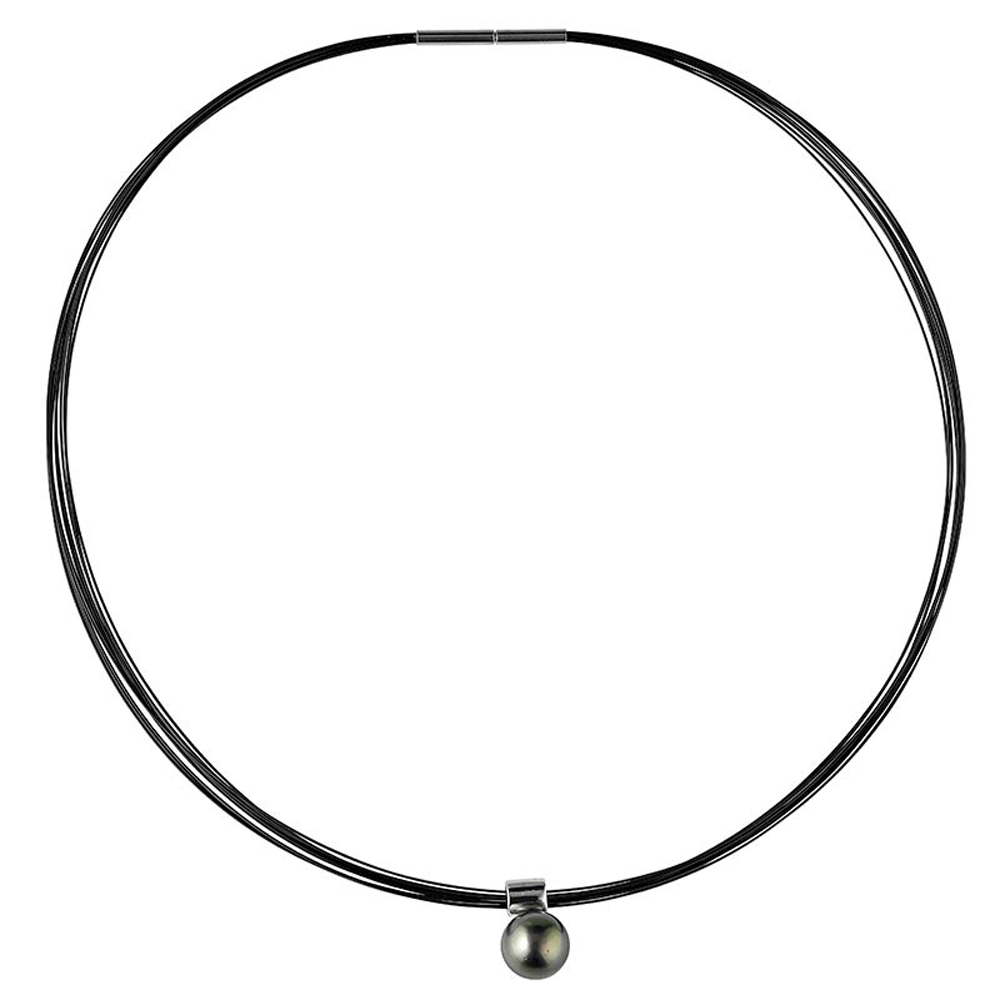 Collier acier noir avec perle de Tahiti ronde - Fermoir baïonnette
