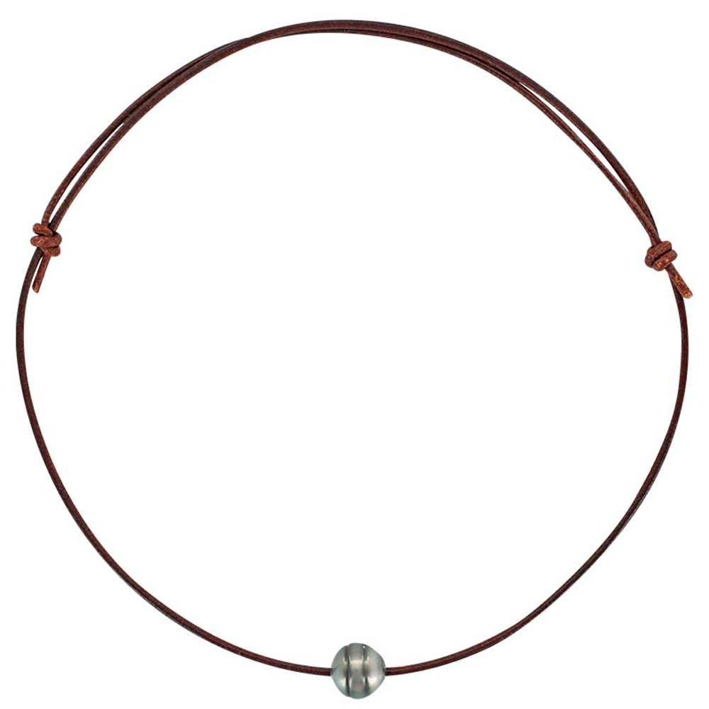Collier cordon cuir marron Perle de Tahiti cerclée - Ajustable