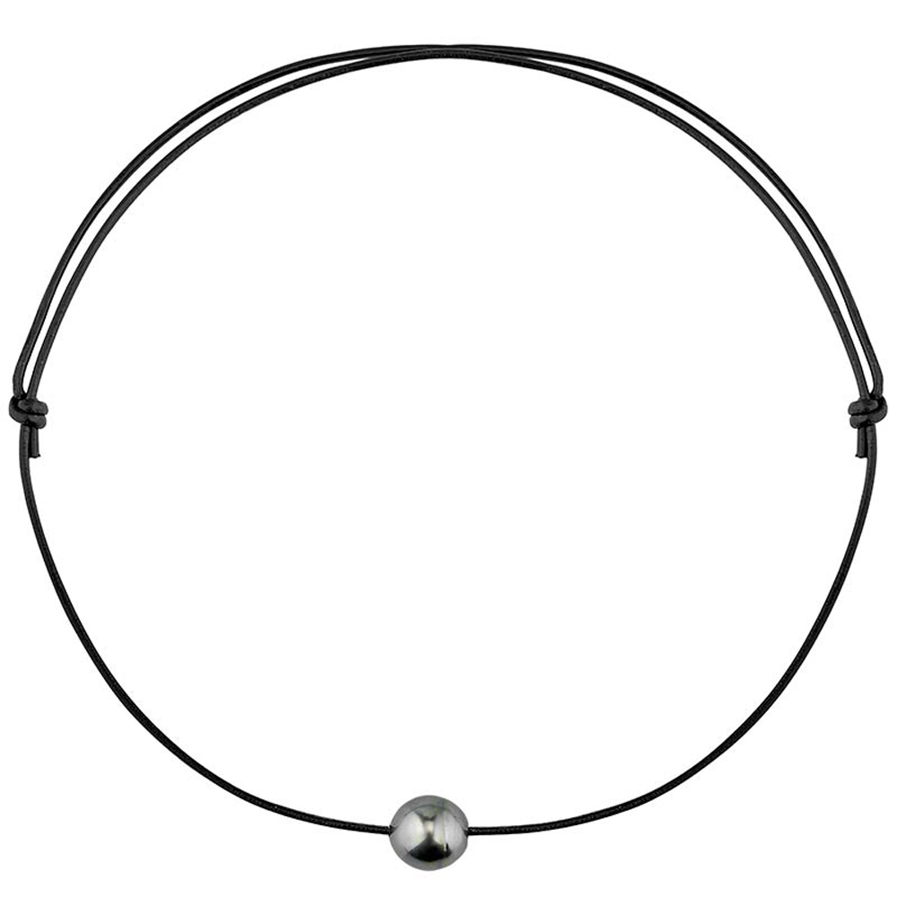 Collier cordon cuir noir Perle de Tahiti cerclée - Ajustable