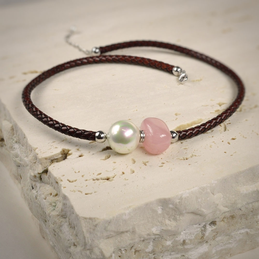 Collier en Perles de Majorque et Quartz rose - 16 mm - Long. 41 à 45 cm - Image 8