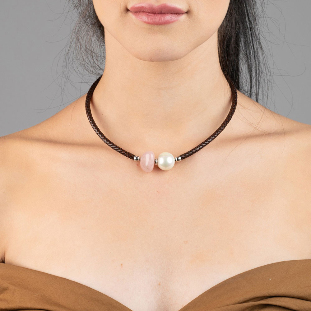 Collier en Perles de Majorque et Quartz rose - 16 mm - Long. 41 à 45 cm - Image 9