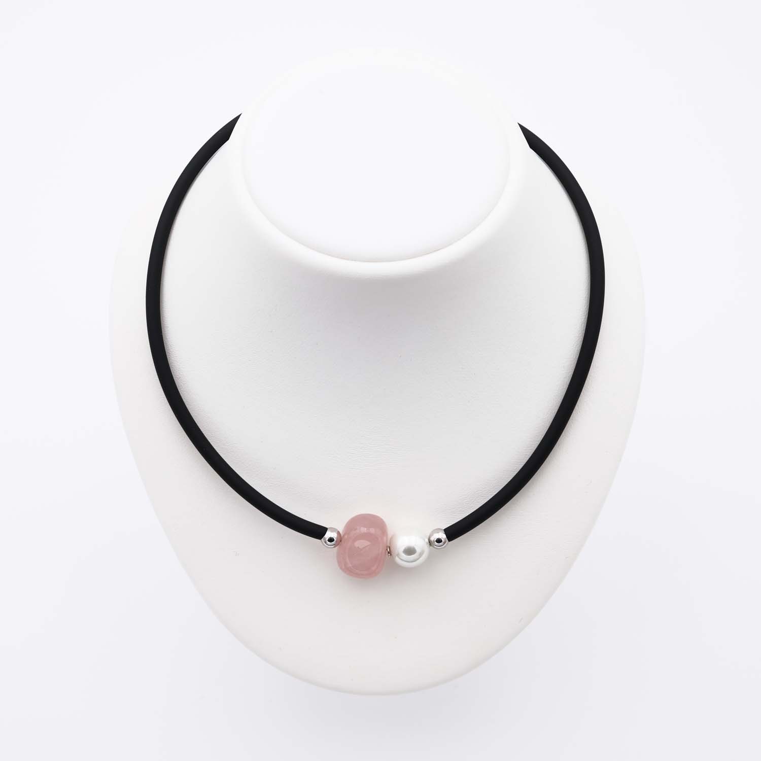 Collier en Perles de Majorque et Quartz rose - 12 mm - Long. 38 à 42 cm - Image 5