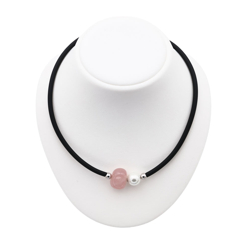 Collier en Perles de Majorque et Quartz rose - 12 mm - Long. 38 à 42 cm
