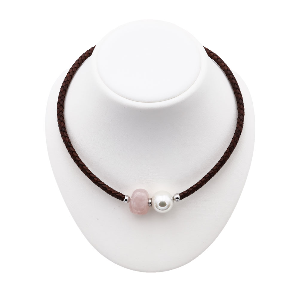 Collier en Perles de Majorque et Quartz rose - 16 mm - Long. 41 à 45 cm