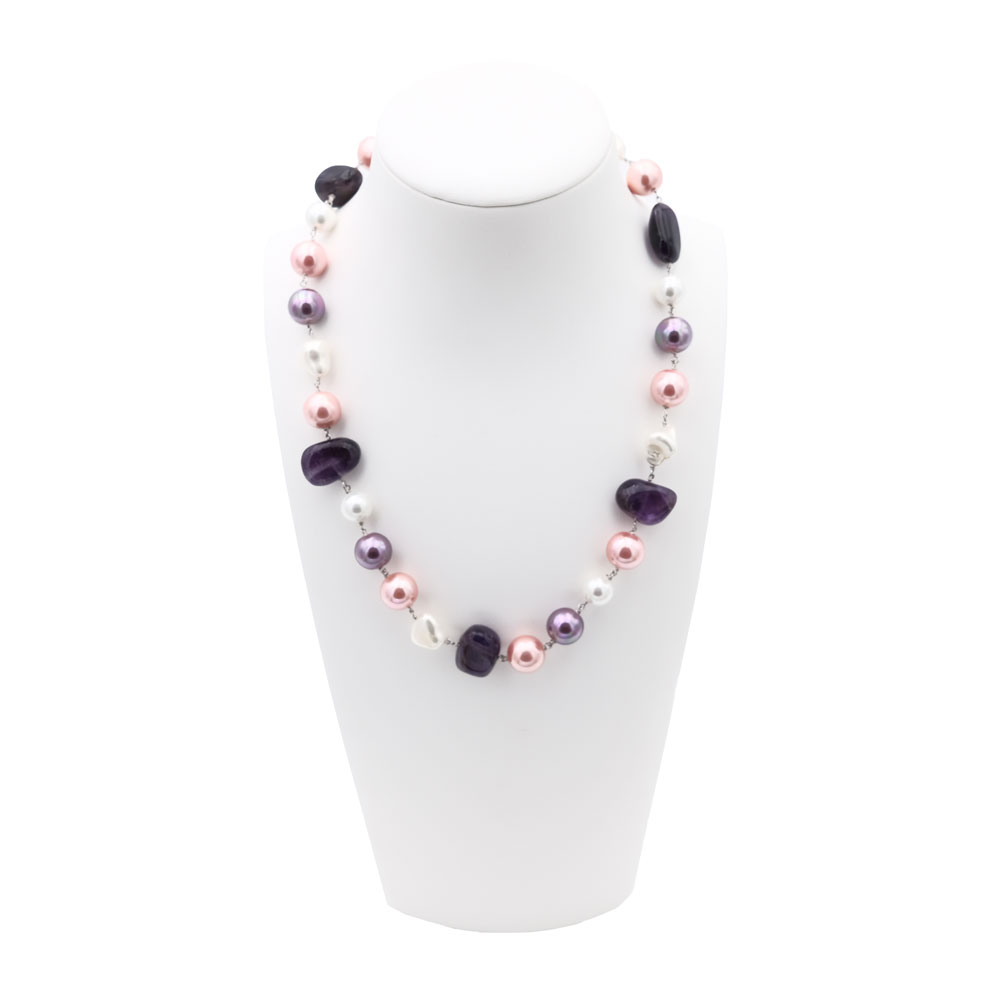 Collier en Perles de Majorque et Améthyste - 8 à 12 mm - Long. 47 cm